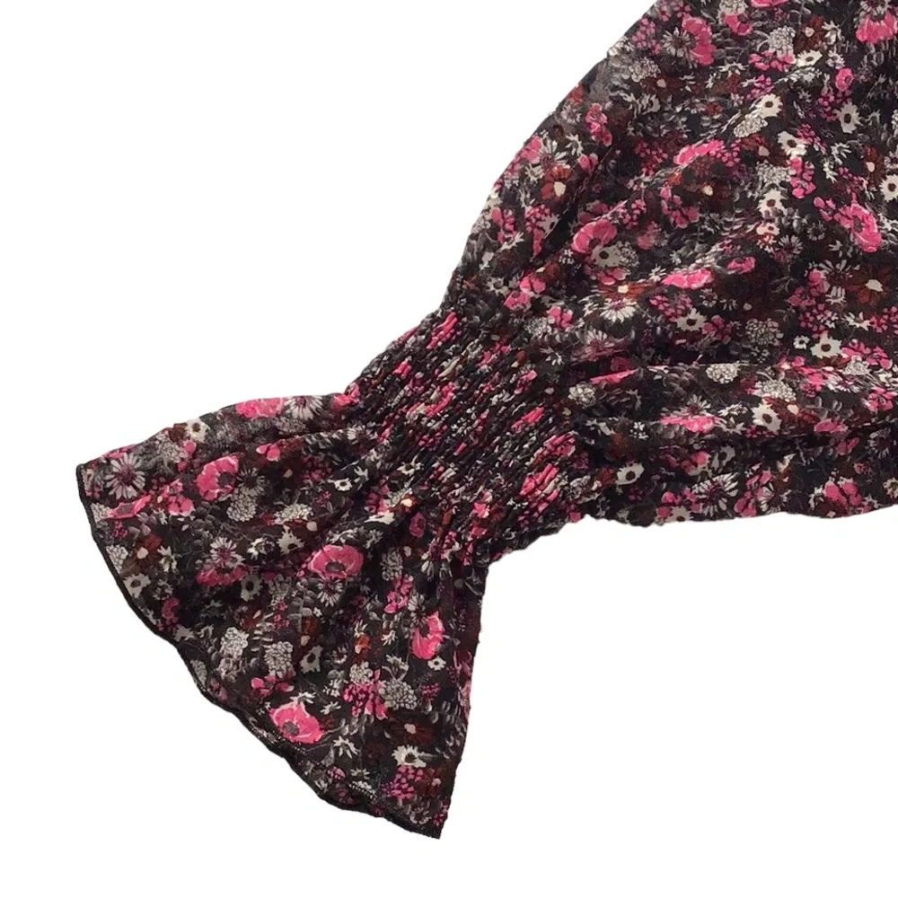 Zara Floral Print Pink Black Ruffle Neck Blouse, size M - Picture 9 of 14
